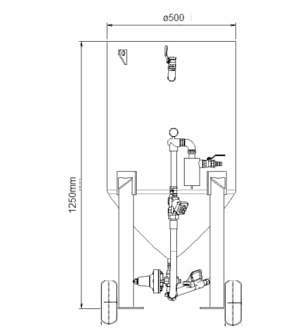Technical drawing of the TS-500-1 portable sandblaster showing overall dimensions with a 500mm tank diameter and 1250mm height.