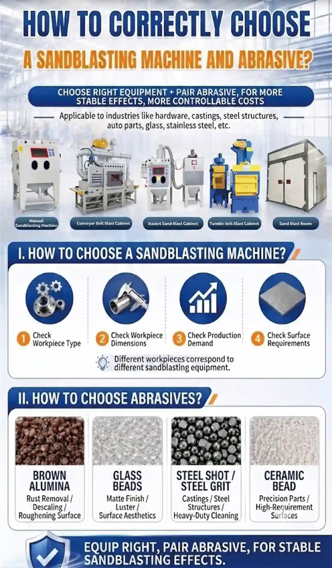 4-step industrial sandblasting machine and abrasive selection guide infographic for manufacturers